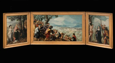 Triptychon mit dem Einzug Christi in Jerusalem, Heiligen und auf den Außenseiten der Flügel, Stiftern der Familie Van Lokhorst
